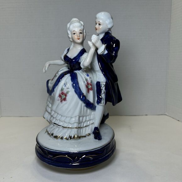 Vintage Victorian/Colonial Dancing Man & Lady Music Box Blue/White - Picture 1 of 6
